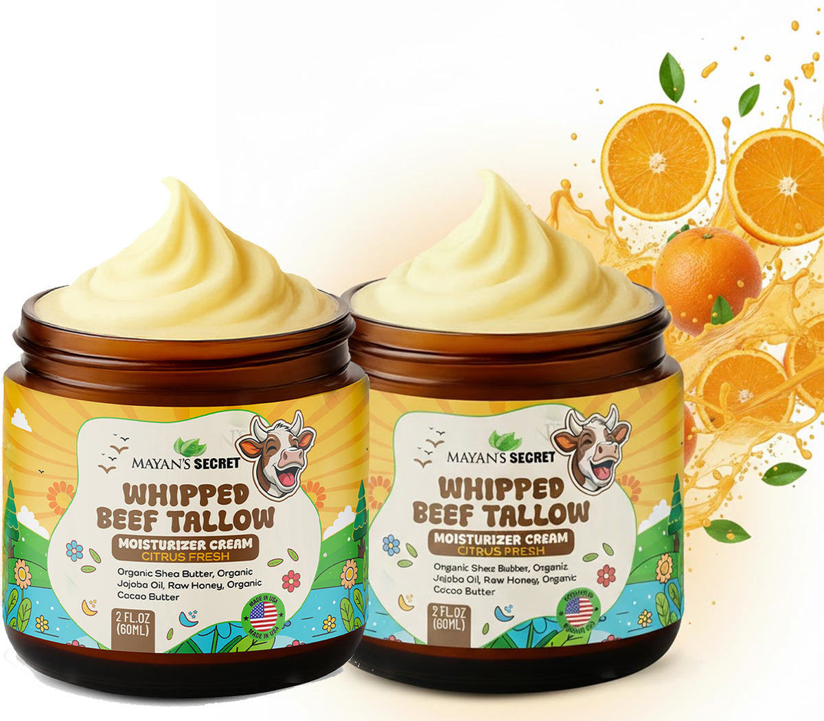 Mayan's Secret Beef Tallow for Skin – Whipped Moisturizer Cream – 100% Grass Fed with Organic Jojoba Oil, Shea Butter, Cacao Butter, Raw Honey – Made in USA, Amber Glass Jar. 2 Ounce