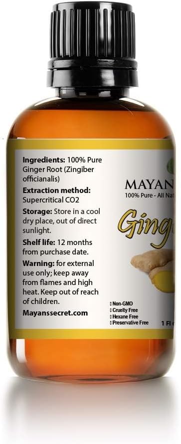 Mayan’s Secret Ginger Essential Oil Pure Steam Distilled Zingiber Officinale Aromatherapy Oil for Diffuser Massage Skin and Hair Care 1 fl oz 30 ml