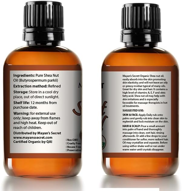 Mayan’s Secret USDA Organic Shea Nut Oil Pure Unrefined Moisturizing Oil for Skin Hair Face and Nails Vitamin Rich Beauty Oil 4 oz Glass Bottle