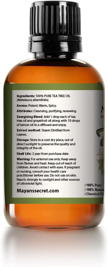 Mayan’s Secret Australian Tea Tree Oil 100% Pure Steam Distilled Tea Tree Essential Oil for Skin Hair Scalp Nail Care and Aromatherapy 4 fl oz 120 ml Amber Glass Bottle with Dropper