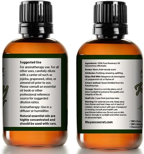 Mayan’s Secret Rosemary Oil 100% Pure Steam Distilled Rosemary Essential Oil for Hair Scalp Skin and Aromatherapy 4 fl oz 120 ml Amber Glass Dropper Bottle