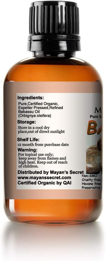 Mayan's Secret Babassu Oil Organic, 4oz - Carrier and Essential oils for Skin Care, Hair, Body Moisturizer for Face-Anti Aging
