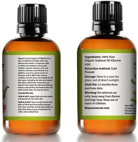 Mayan’s Secret USDA Organic Soybean Oil Cold Pressed Unrefined Pure Moisturizing Oil for Skin Hair Face and Nails 4 oz Amber Glass Bottle