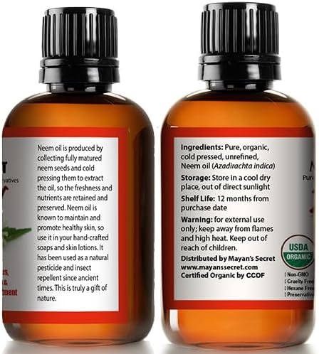 Organic Neem Oil Cold Pressed Unrefined USDA Certified Pure Neem Oil for Skin Hair Scalp Natural Moisturizer Nail Care Face Body Treatment 4 oz