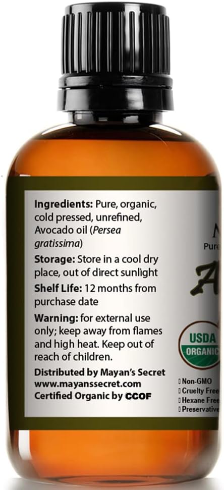 Mayan’s Secret USDA Organic Avocado Oil 4 oz 118 ml Unrefined Cold Pressed Persea Gratissima Pure Hair Skin Body Oil