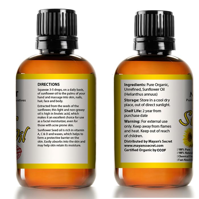 Mayan’s Secret Organic Sunflower Seed Oil Cold Pressed Pure Natural Moisturizing Oil for Face Hair Skin Nails Non GMO Hexane Free 4oz