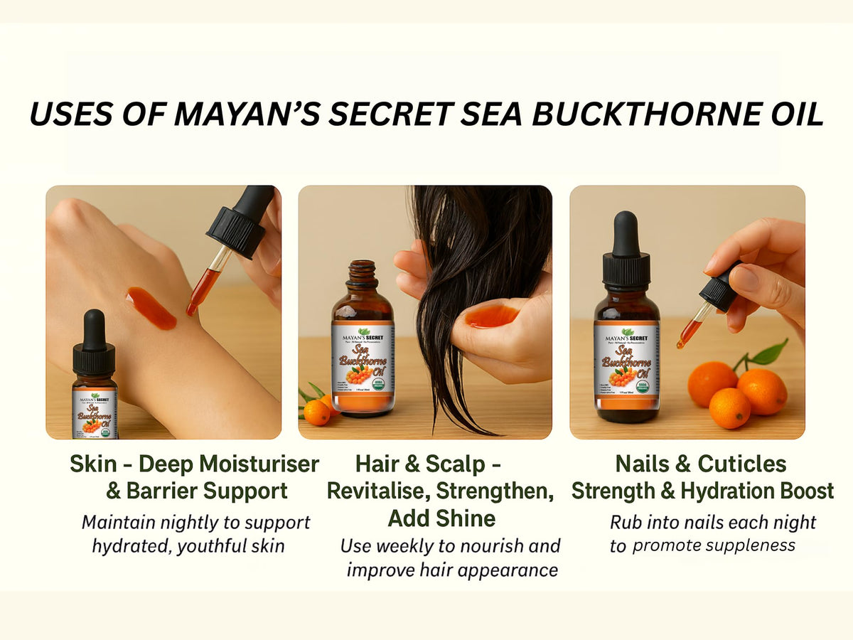 Mayan’s Secret Organic Sea Buckthorn Oil CO2 Extracted Pure Cold Pressed Skin Hair Face Nail Moisturizer 1 oz Glass Dropper