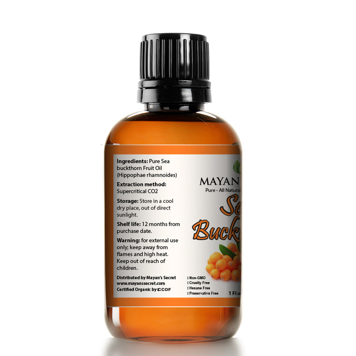 Mayan’s Secret Organic Sea Buckthorn Oil CO2 Extracted Pure Cold Pressed Skin Hair Face Nail Moisturizer 1 oz Glass Dropper