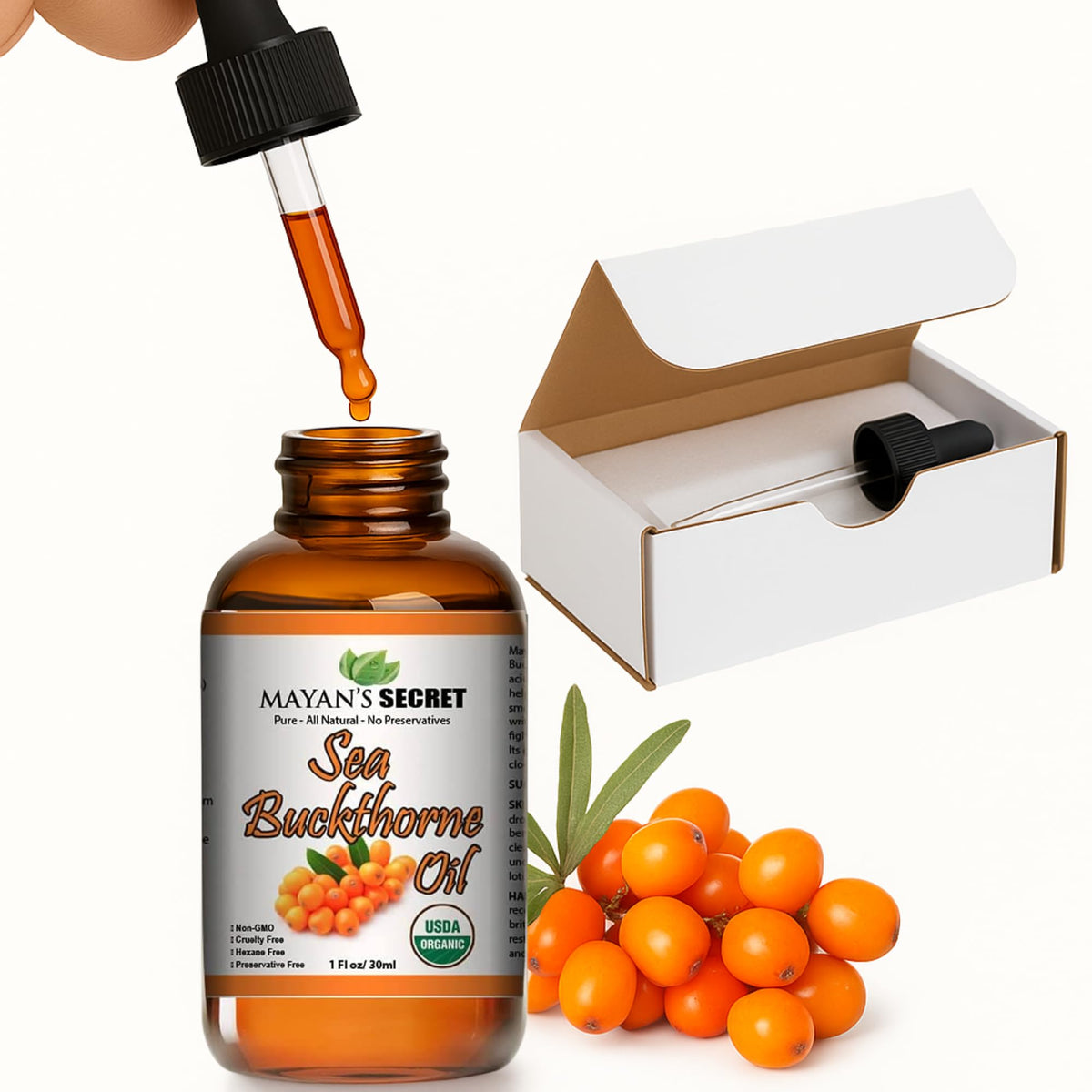 Mayan’s Secret Organic Sea Buckthorn Oil CO2 Extracted Pure Cold Pressed Skin Hair Face Nail Moisturizer 1 oz Glass Dropper