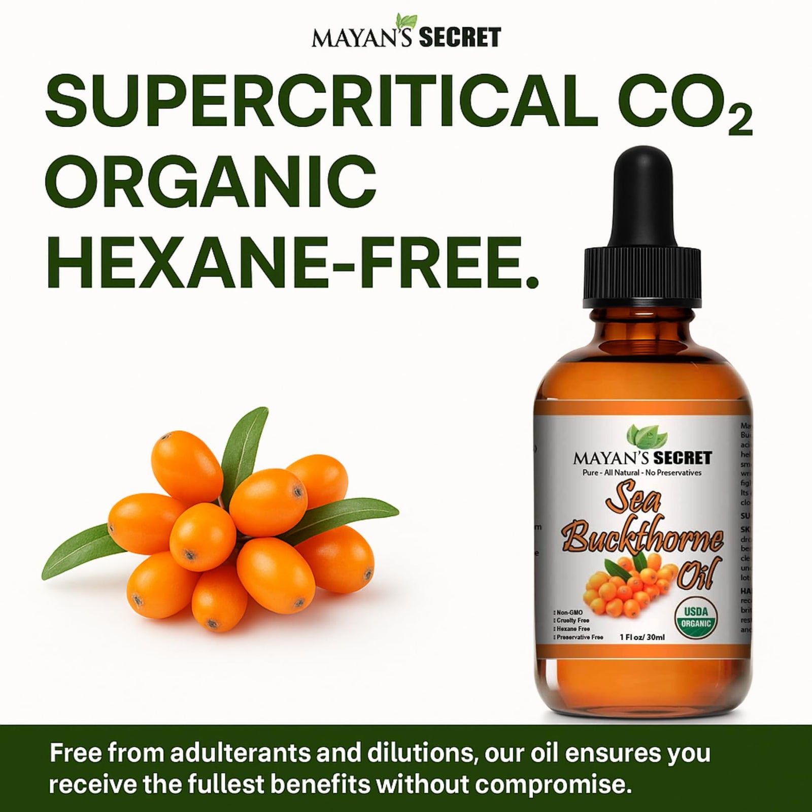Mayan’s Secret Organic Sea Buckthorn Oil CO2 Extracted Pure Cold Pressed Skin Hair Face Nail Moisturizer 1 oz Glass Dropper