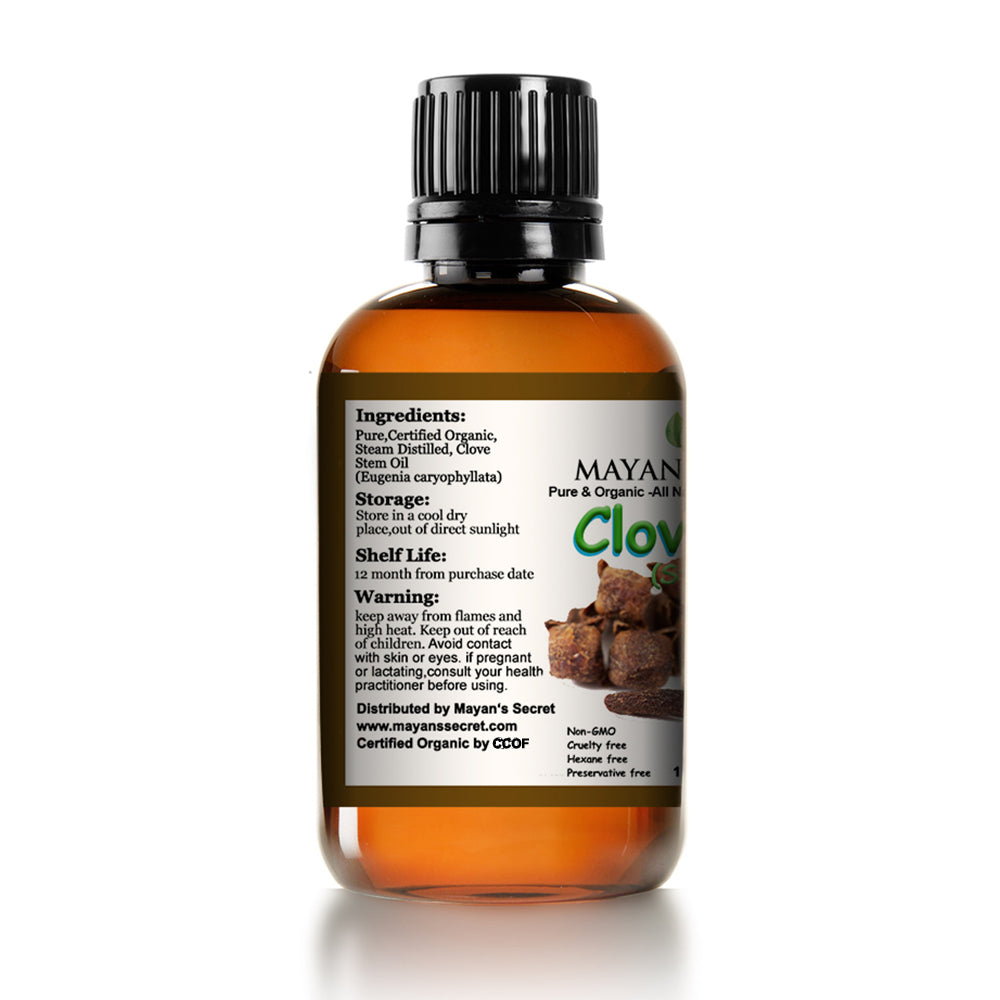 Organic Clove Stem Essential Oil Certified Organic Pure Clove Stem Essential Oil - Pure and Natural, 1oz Bottle