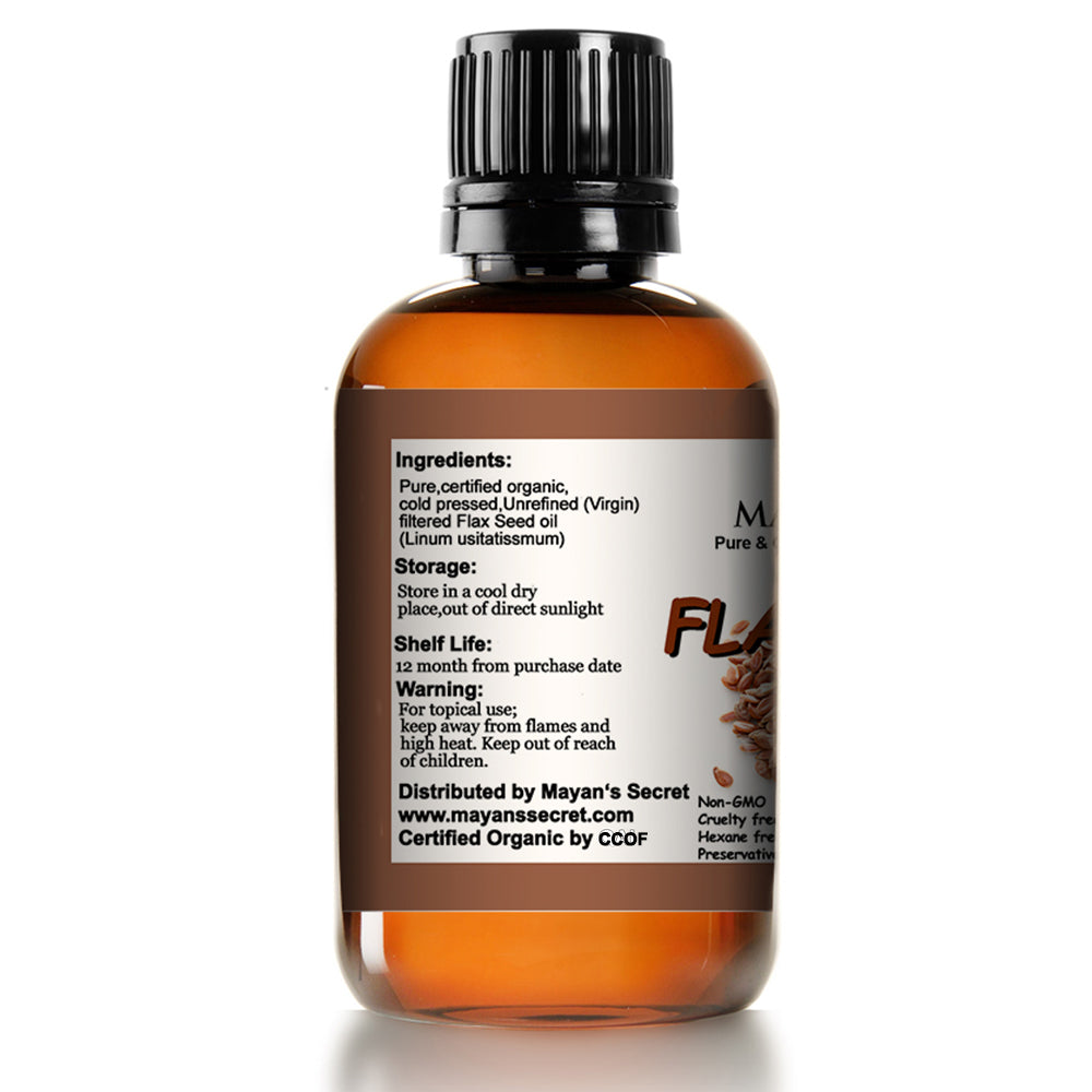 Mayan’s Secret Virgin Organic Flax Seed Oil Cold Pressed Unrefined for Skin Hair and Massage 4 fl oz