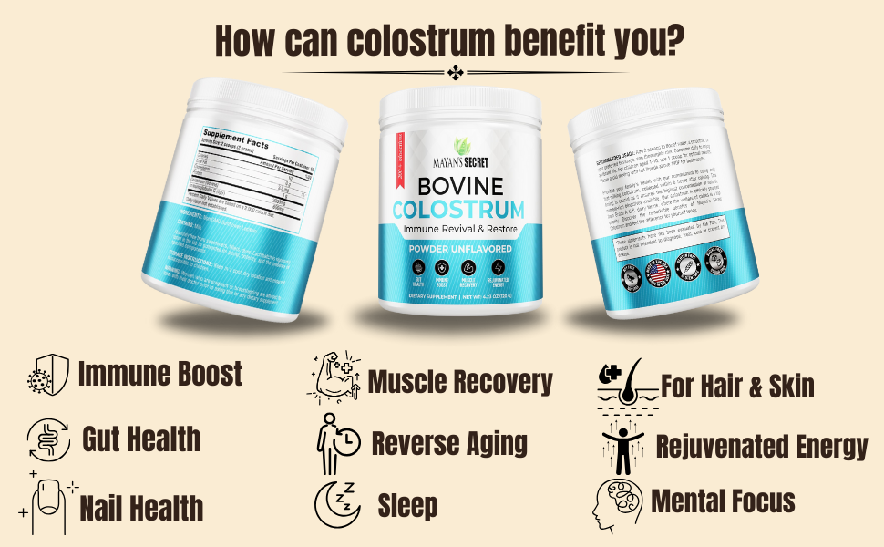 Colostrum Powder Grass-Fed -for human Gut Health, Immunity, Skin &amp; Hair, Muscle Recovery - Over 400 Bioactive Nutrients, 6-Hour Guaranteed Pure Formula, Non-GMO, Unflavored, 60-Day Supply