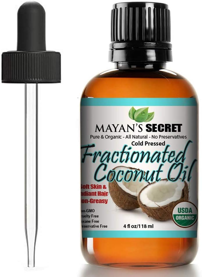 Mayan’s Secret Fractionated Coconut Oil USDA Organic Cold Pressed Pure Lightweight Carrier Oil for Skin Hair Face Body Massage Non Greasy 4 oz