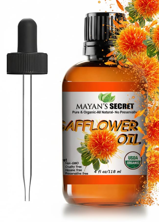 Mayan's Secret Organic Safflower Oil – High Oleic, Expeller Pressed, 100% Pure &amp; Non-GMO, Rich in Vitamin E &amp; Oleic Acid, Deep Moisturizing Oil for Soft Healthy Skin