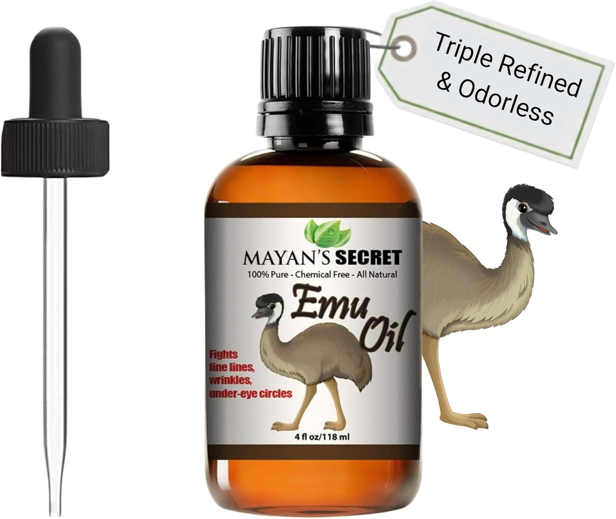 Mayan’s Secret Pure Emu Oil 4 oz Triple Refined Odorless Natural Skin Hair Face Moisturizing Oil Fast Absorbing Omega Rich