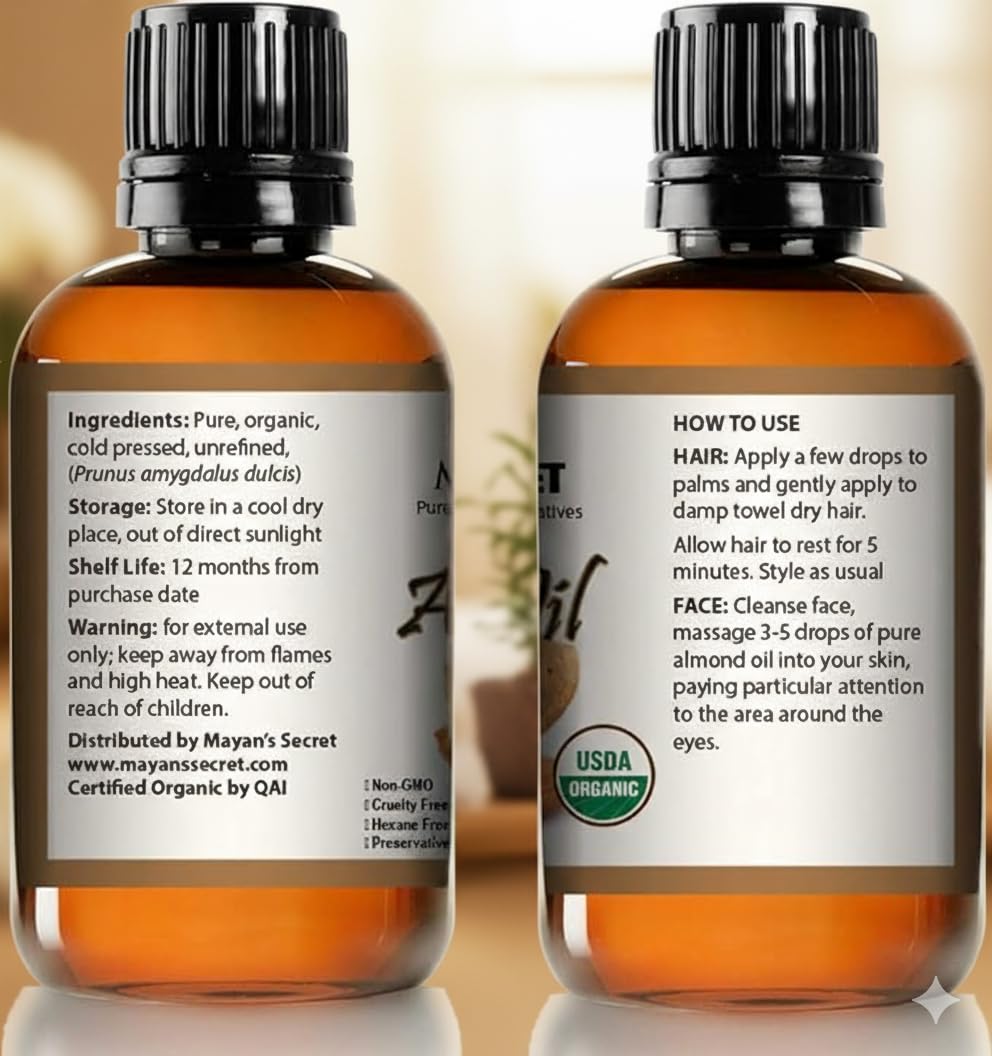 Organic Sweet Almond Oil Cold Pressed Virgin Pure Almond Oil for Skin Hair Face Nails Natural Moisturizing Beauty Oil 4oz