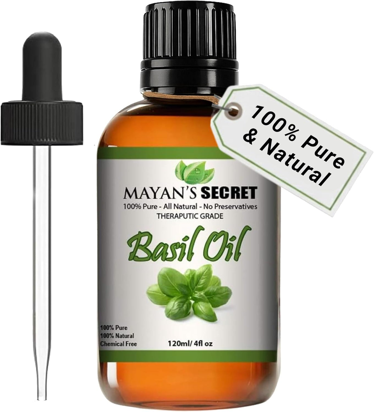 Mayan’s Secret Basil Essential Oil Pure Steam Distilled Ocimum Basilicum 4 fl oz 120 ml Aromatherapy Oil for Diffuser Massage DIY Skin and Hair Care