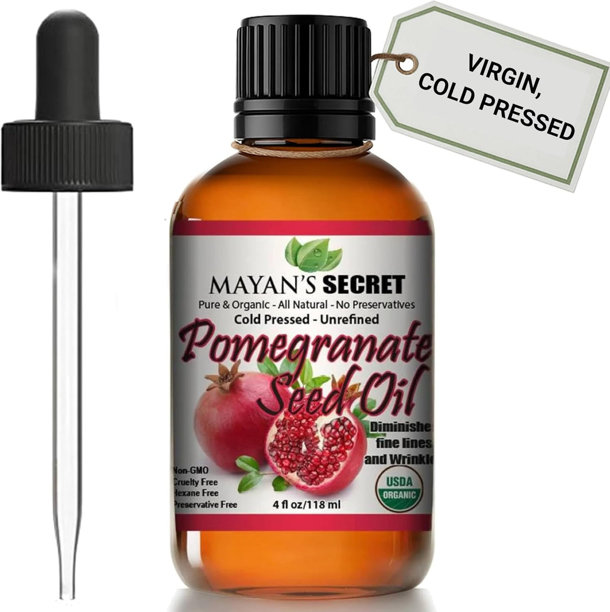 Organic Pomegranate Seed Oil Cold Pressed Virgin Unrefined Face Hair Skin Moisturizing Glow Anti Aging 4 oz