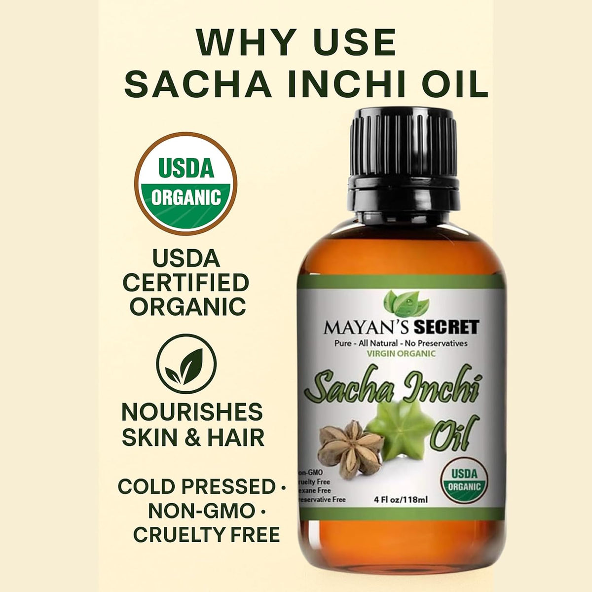 Mayan’s Secret Organic Sacha Inchi Oil Cold Pressed Pure Omega 3 6 9 Skin Hair Face Moisturizer 4 oz Glass Bottle
