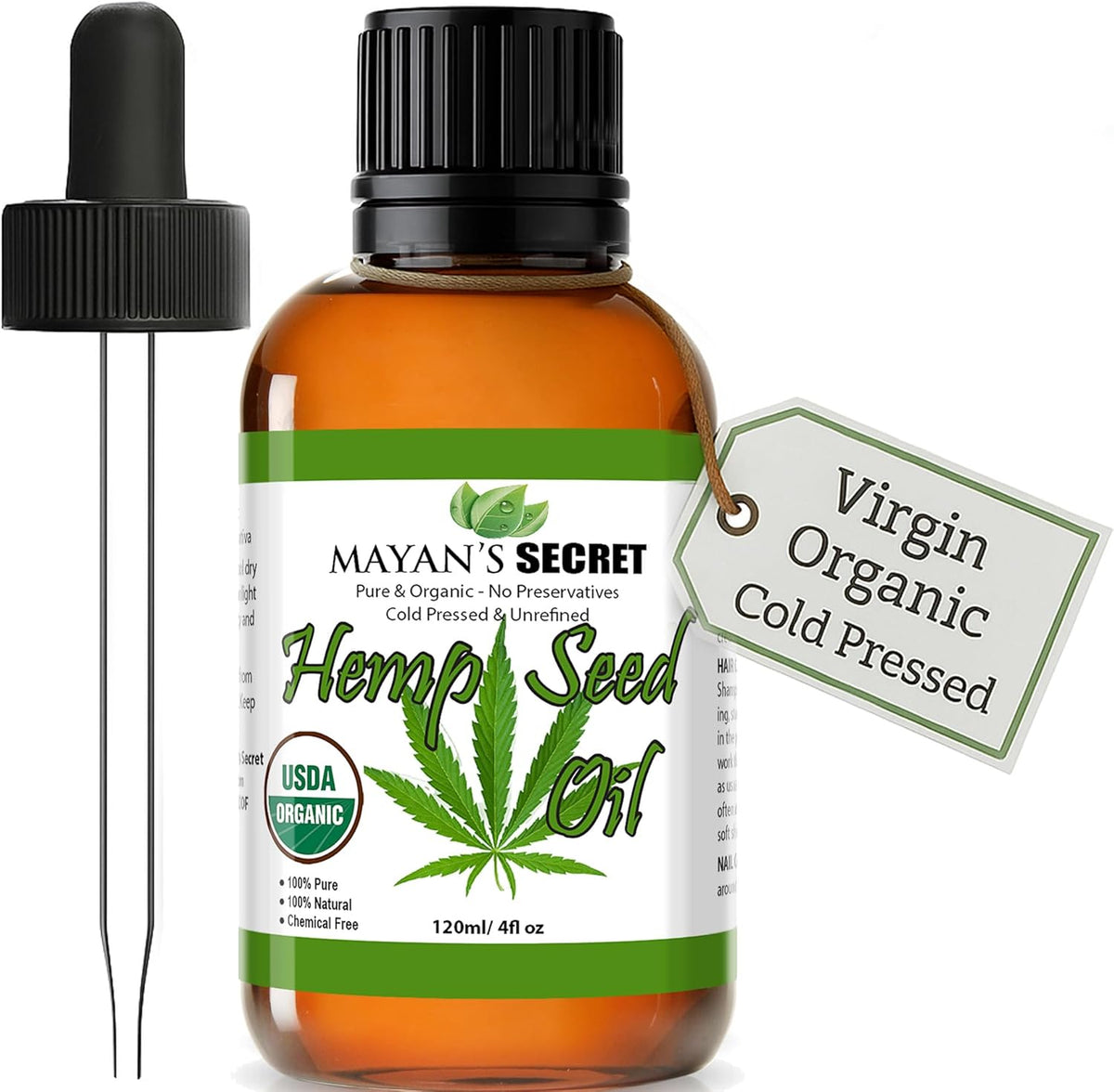 Mayan’s Secret 4fl oz Hemp Seed Oil Organic USDA Certified Glass Bottle with Drpper for Skin Care Hair Care Body Massage
