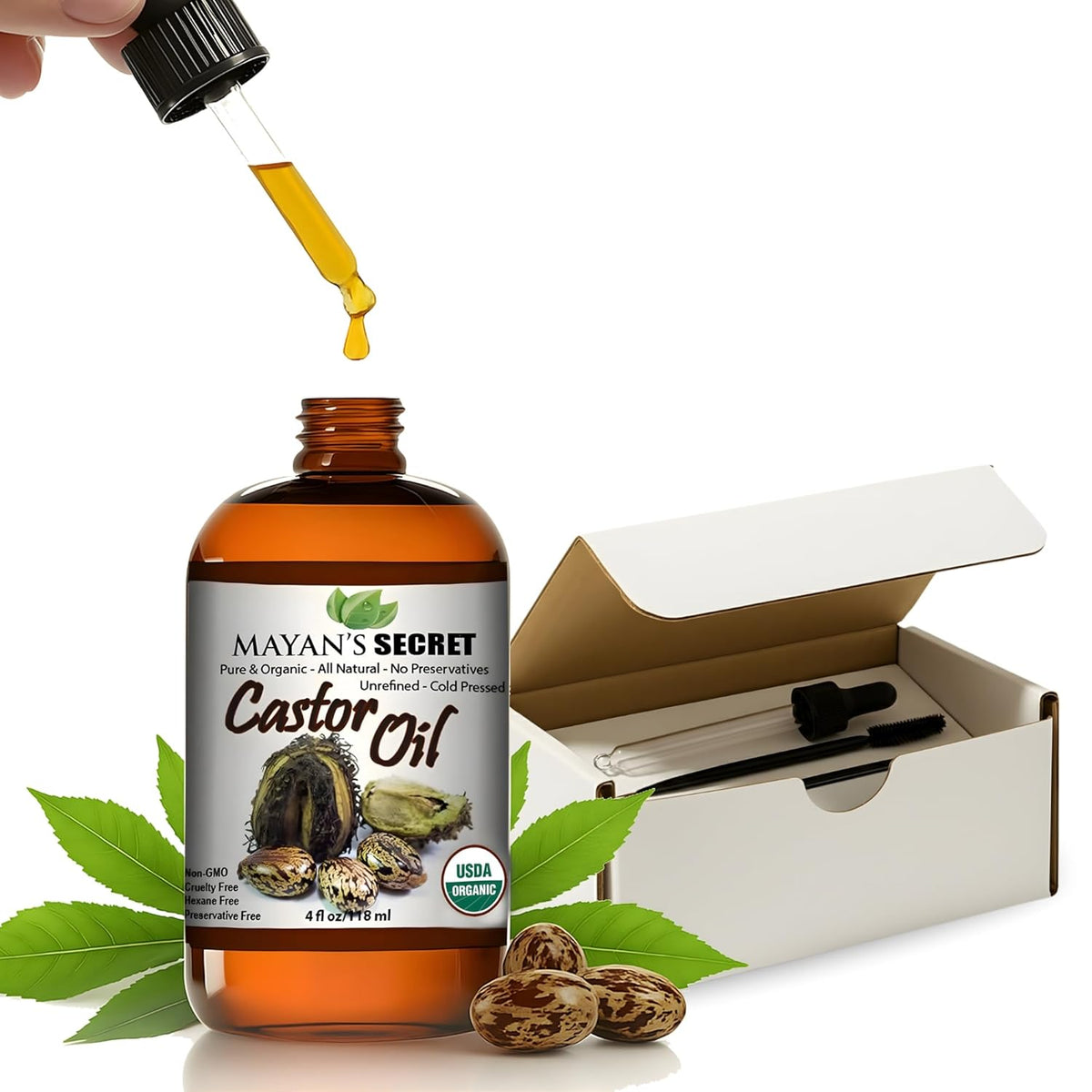 Organic Cold Pressed Castor Oil 4 oz USDA Organic Pure Hexane Free Unrefined Hair Growth Eyelashes Eyebrows Skin Moisturizer Glass Dropper Bottle