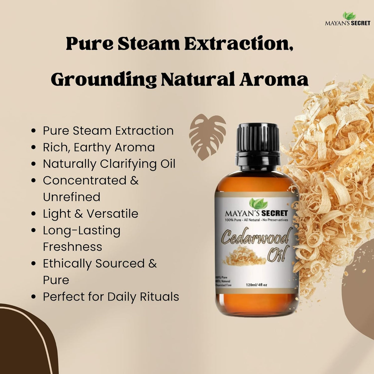 Mayan’s Secret Cedarwood Essential Oil Pure Steam Distilled 4 fl oz 120 ml Aromatherapy Oil