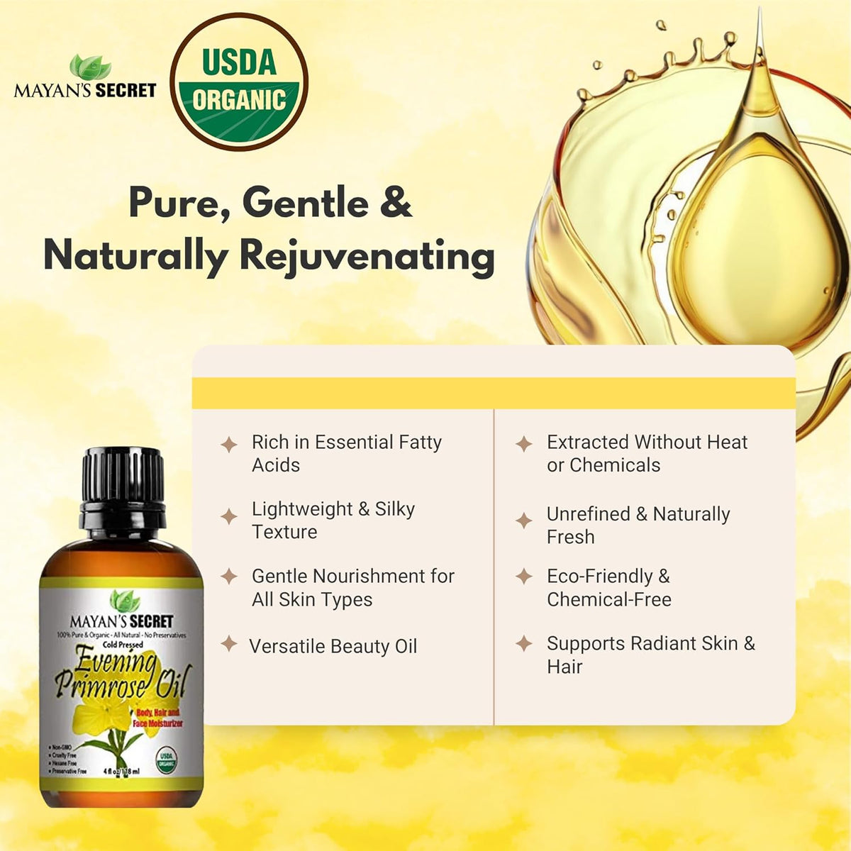 Mayan’s Secret Organic Evening Primrose Oil Cold Pressed USDA Organic Face Skin Hair Moisturizer Pure Natural Beauty Oil 4 oz