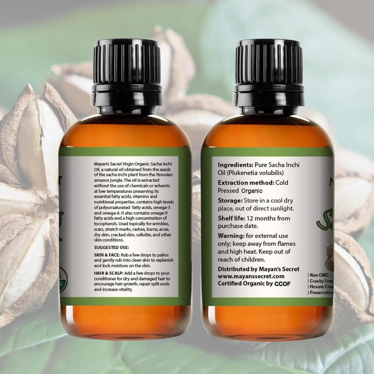 Mayan’s Secret Organic Sacha Inchi Oil Cold Pressed Pure Omega 3 6 9 Skin Hair Face Moisturizer 4 oz Glass Bottle