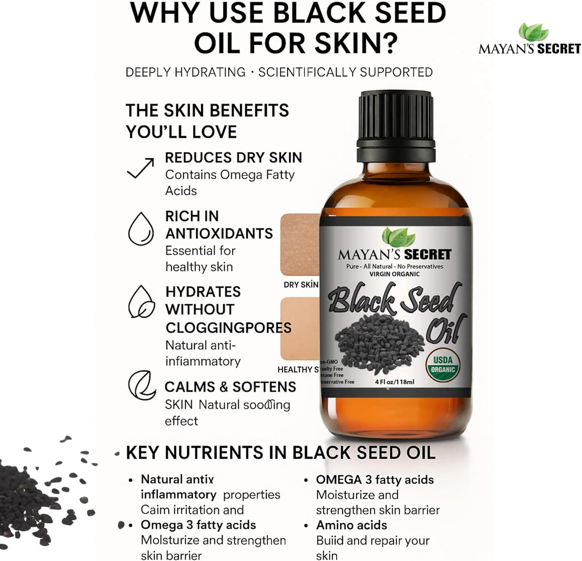 Mayan’s Secret Organic Black Seed Oil 4 oz 118 ml Nigella Sativa Virgin Cold Pressed USDA Organic Hair Skin Body Oil