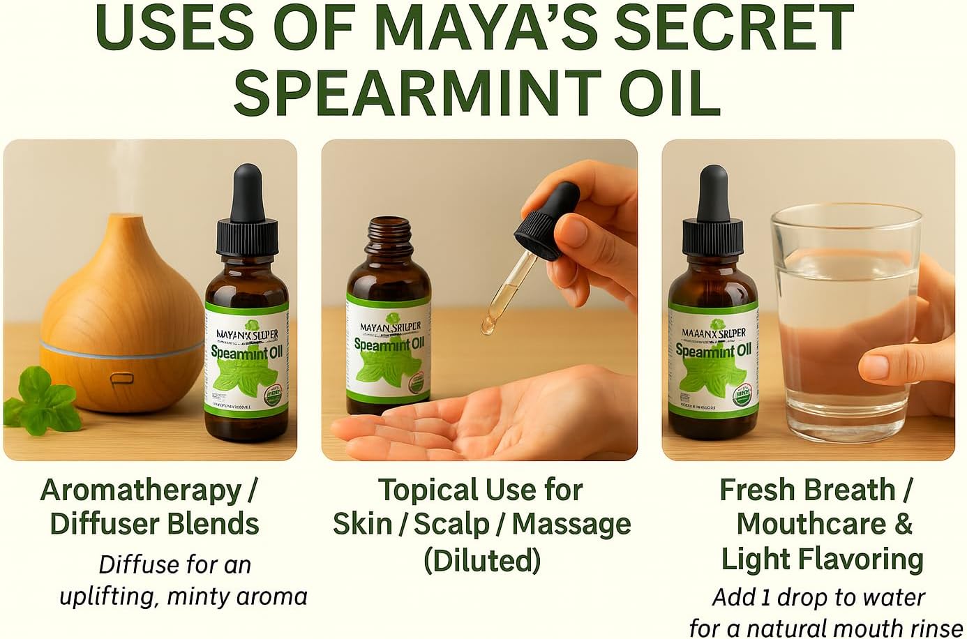 Mayan's Secret USDA Certified Organic Spearmint Essential Oil 100% Pure Glass Bottle 1oz