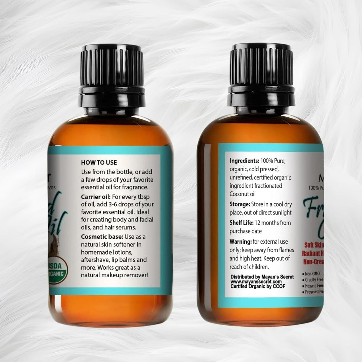 Mayan’s Secret Fractionated Coconut Oil USDA Organic Cold Pressed Pure Lightweight Carrier Oil for Skin Hair Face Body Massage Non Greasy 4 oz