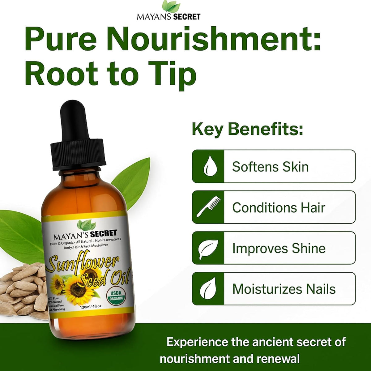 Mayan’s Secret Organic Sunflower Seed Oil Cold Pressed Pure Natural Moisturizing Oil for Face Hair Skin Nails Non GMO Hexane Free 4oz