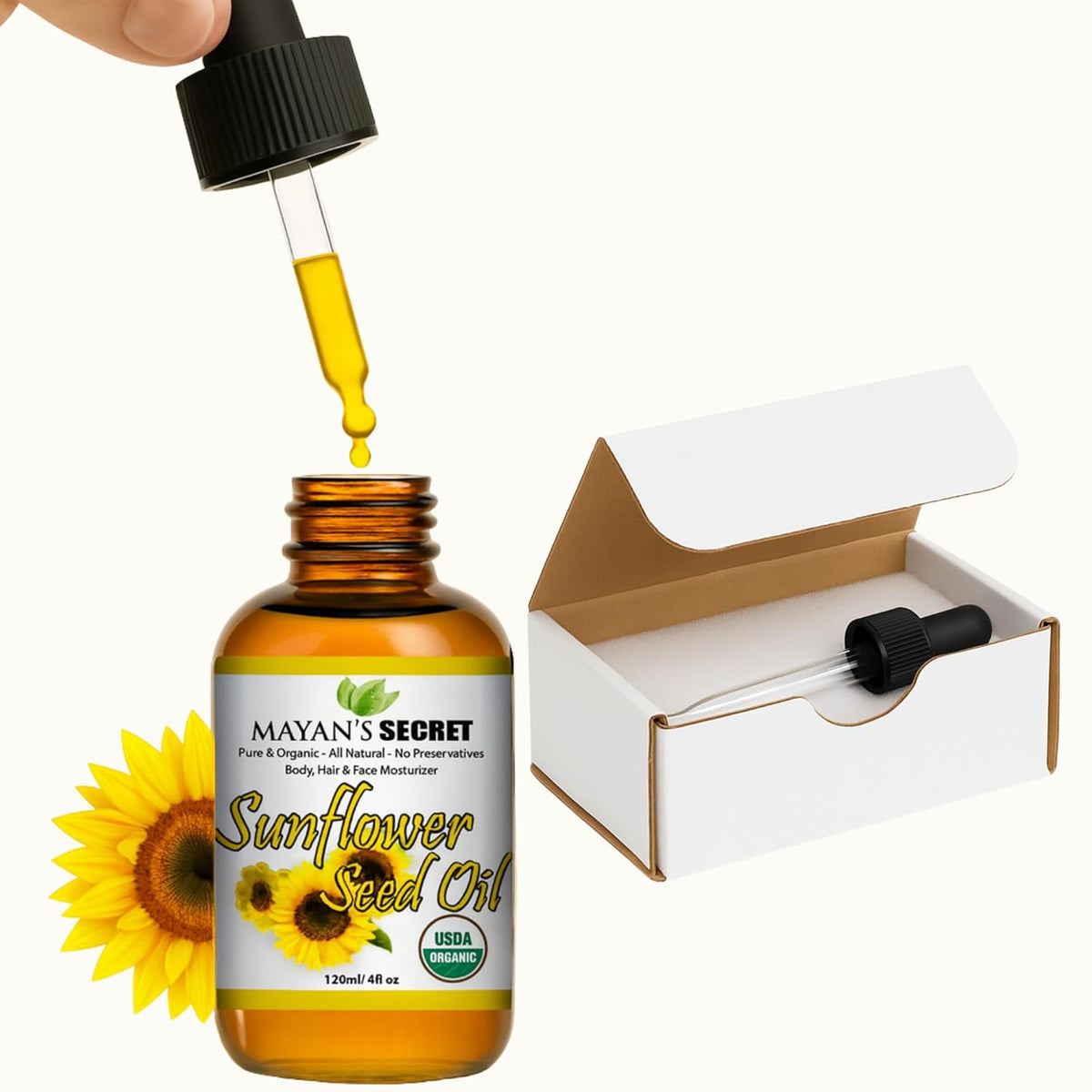 Mayan’s Secret Organic Sunflower Seed Oil Cold Pressed Pure Natural Moisturizing Oil for Face Hair Skin Nails Non GMO Hexane Free 4oz