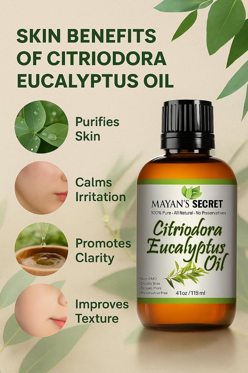 Mayan’s Secret Citriodora Eucalyptus Oil 100% Pure Steam Distilled Essential Oil for Skin Hair Scalp Aromatherapy and Diffuser Use 4 fl oz 118 ml Amber Glass Bottle with Dropper