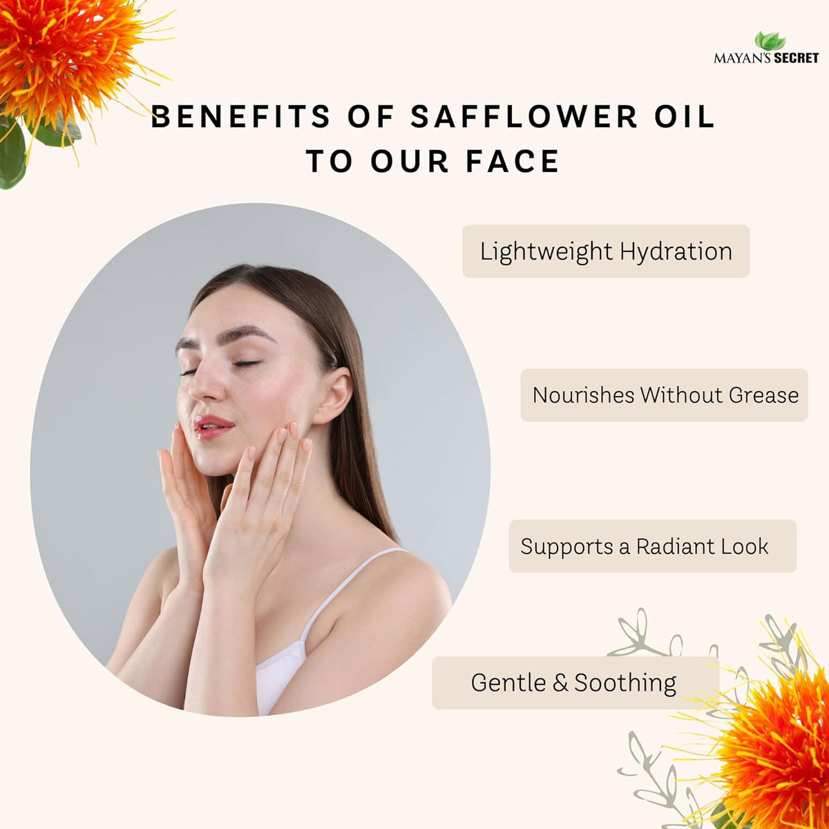 Mayan's Secret Organic Safflower Oil – High Oleic, Expeller Pressed, 100% Pure &amp; Non-GMO, Rich in Vitamin E &amp; Oleic Acid, Deep Moisturizing Oil for Soft Healthy Skin