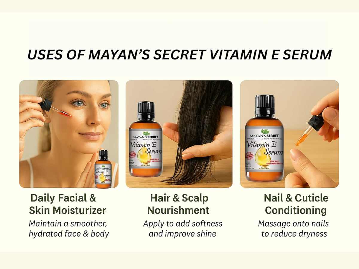 Mayan’s Secret Vitamin E Serum 4 oz 118 ml Pure Vitamin E Oil for Face Skin Hair and Nails Moisturizer Anti Aging Hydrating Serum Glass Bottle Dropper
