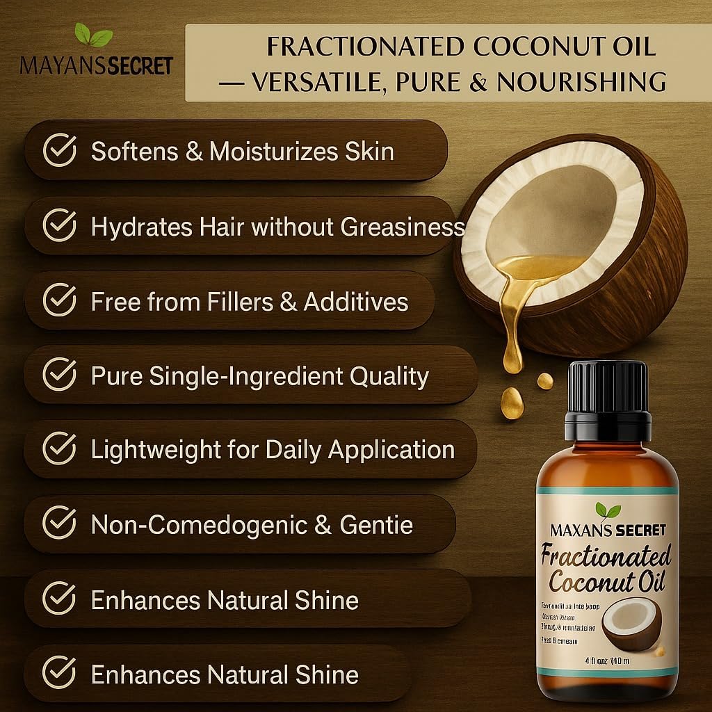 Mayan’s Secret Fractionated Coconut Oil USDA Organic Cold Pressed Pure Lightweight Carrier Oil for Skin Hair Face Body Massage Non Greasy 4 oz