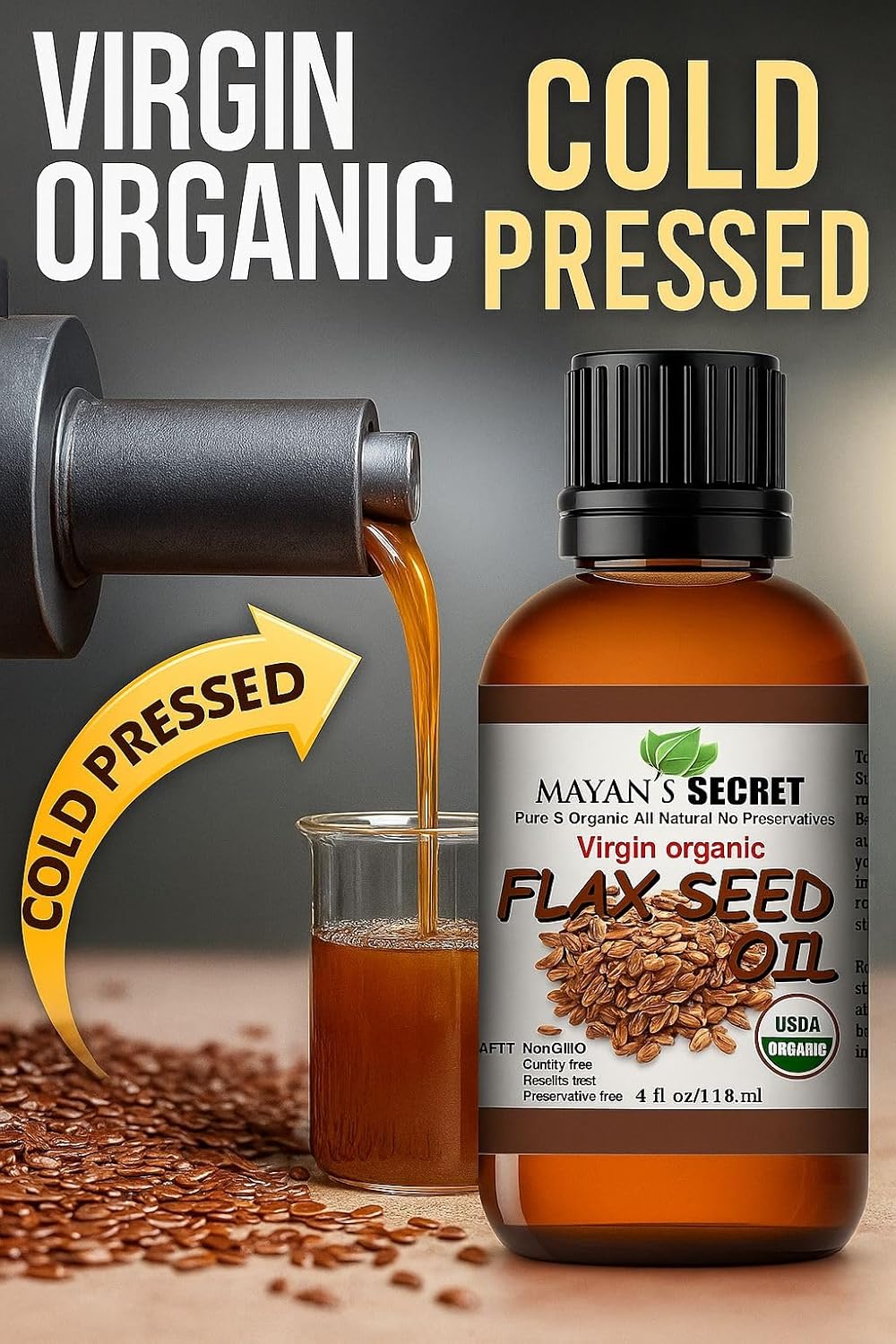 Mayan’s Secret Virgin Organic Flax Seed Oil Cold Pressed Unrefined for Skin Hair and Massage 4 fl oz