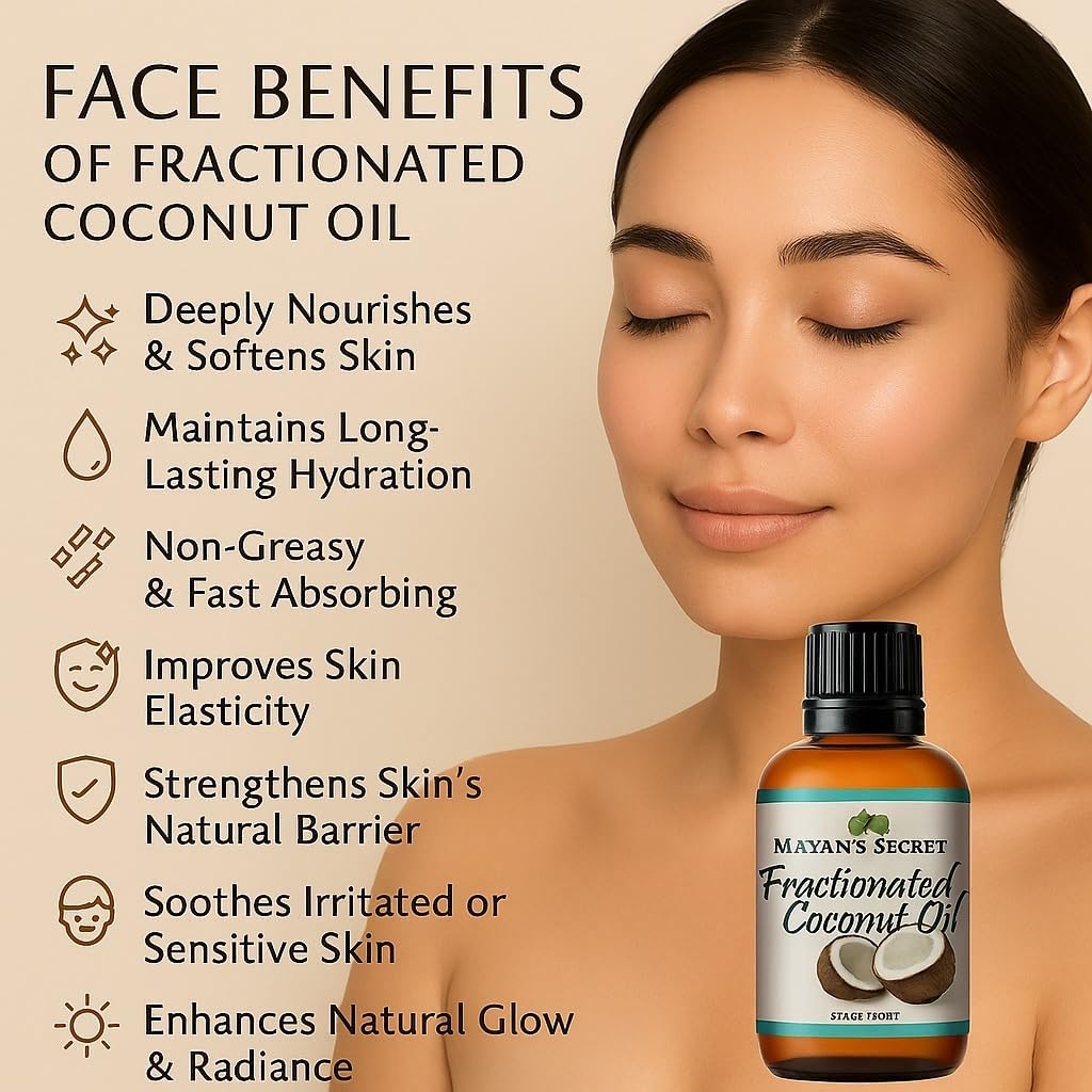 Mayan’s Secret Fractionated Coconut Oil USDA Organic Cold Pressed Pure Lightweight Carrier Oil for Skin Hair Face Body Massage Non Greasy 4 oz