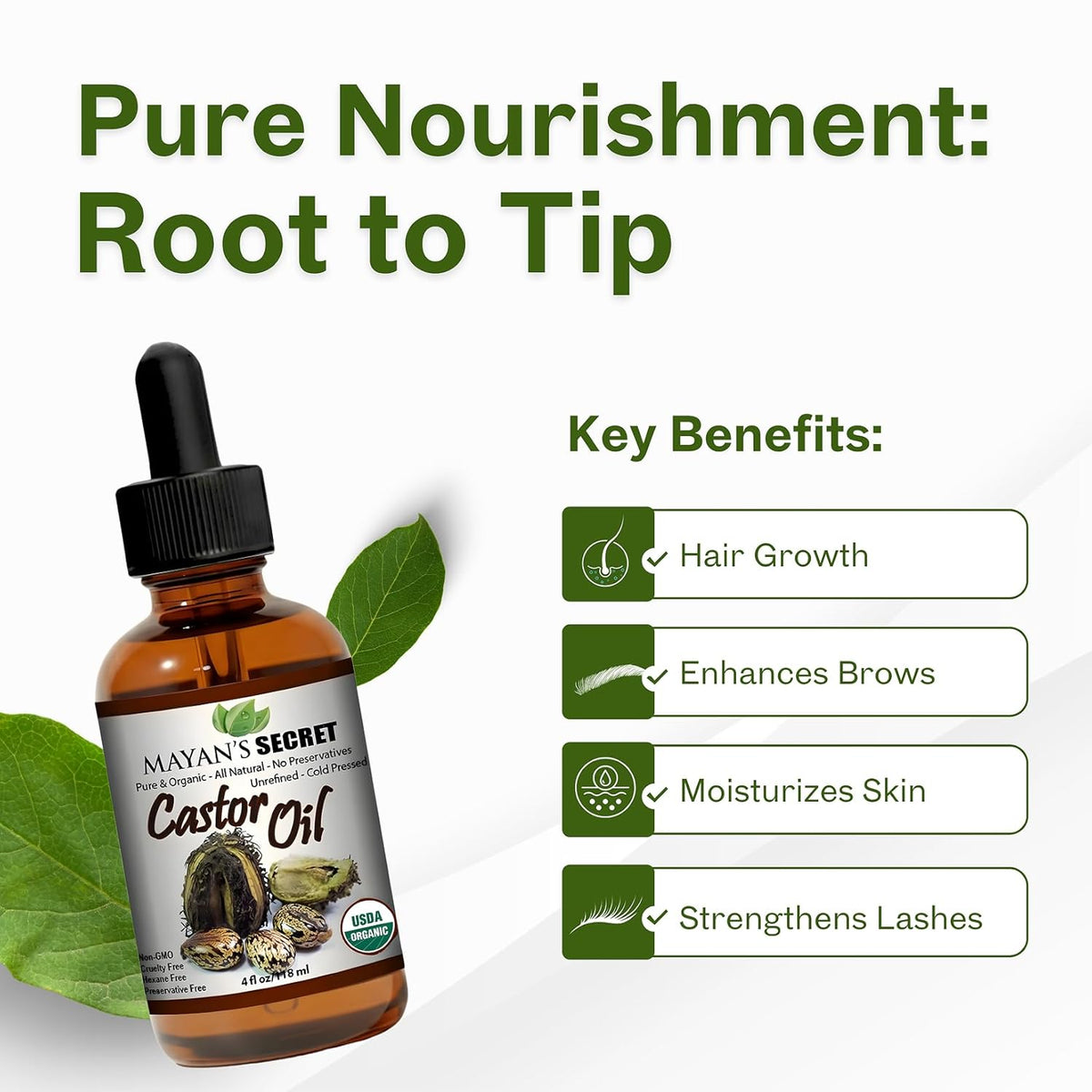 Organic Cold Pressed Castor Oil 4 oz USDA Organic Pure Hexane Free Unrefined Hair Growth Eyelashes Eyebrows Skin Moisturizer Glass Dropper Bottle