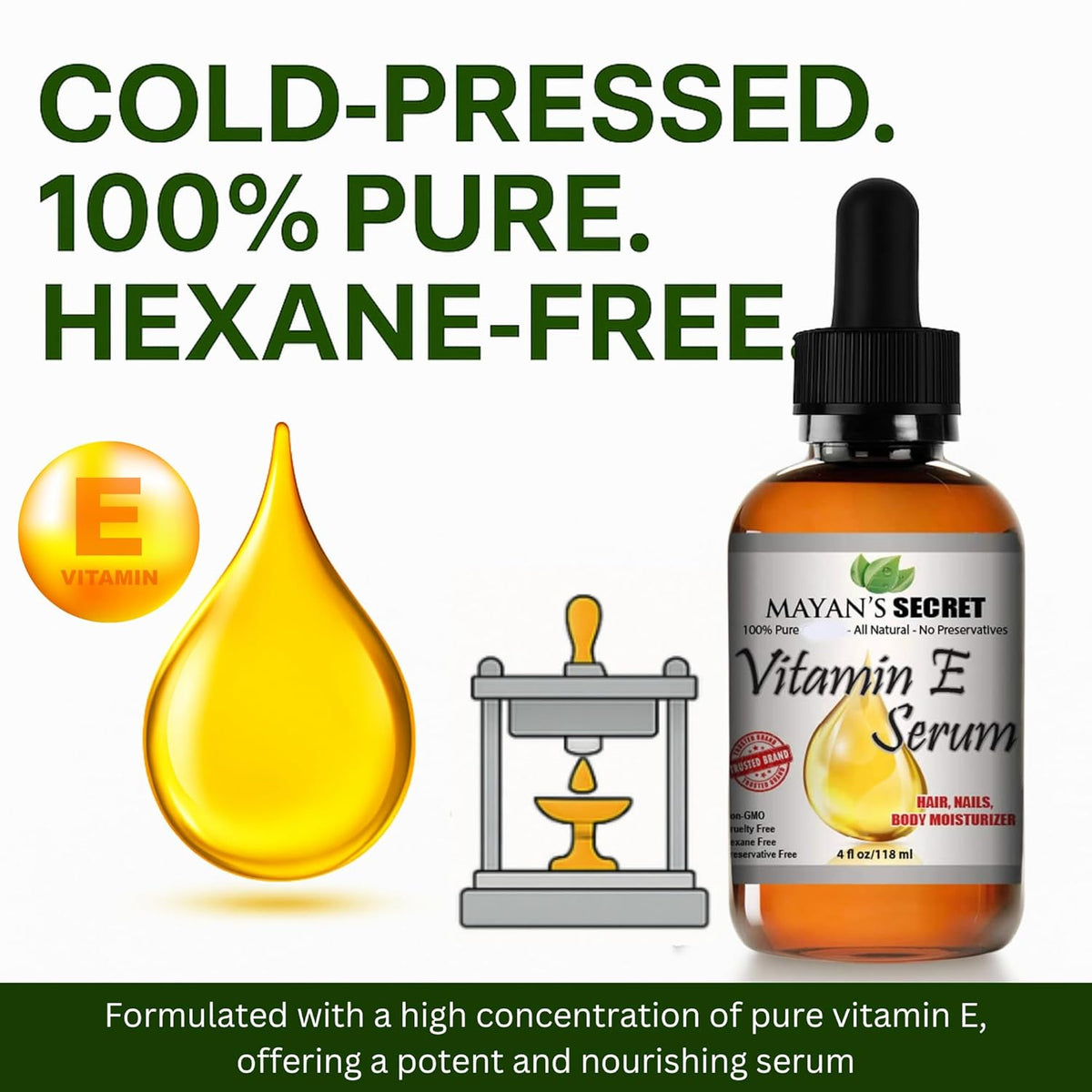 Mayan’s Secret Vitamin E Serum 4 oz 118 ml Pure Vitamin E Oil for Face Skin Hair and Nails Moisturizer Anti Aging Hydrating Serum Glass Bottle Dropper