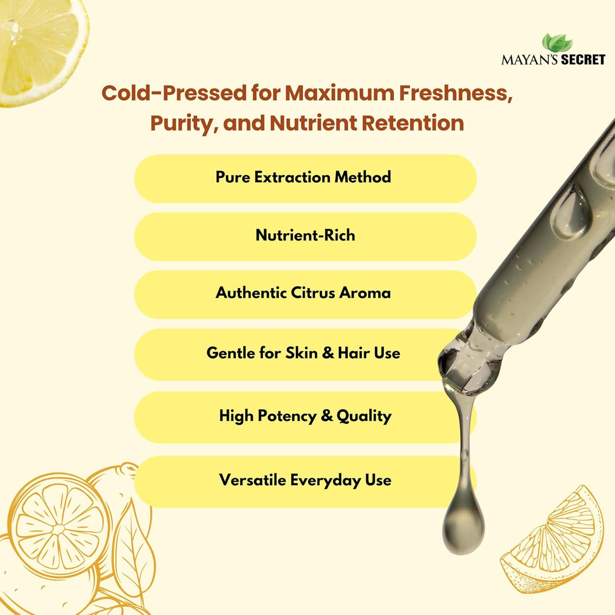 Mayan’s Secret Lemon Oil 100% Pure Cold Pressed Lemon Essential Oil for Skin Hair Aromatherapy 4 oz 120ml Amber Glass Bottle