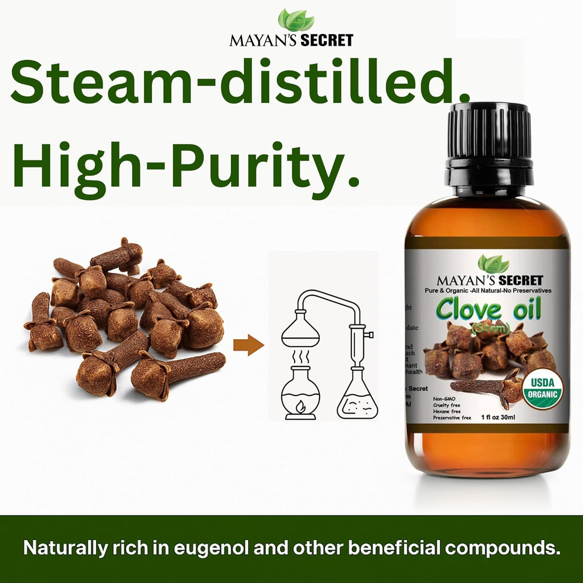 Organic Clove Stem Essential Oil Certified Organic Pure Clove Stem Essential Oil - Pure and Natural, 1oz Bottle