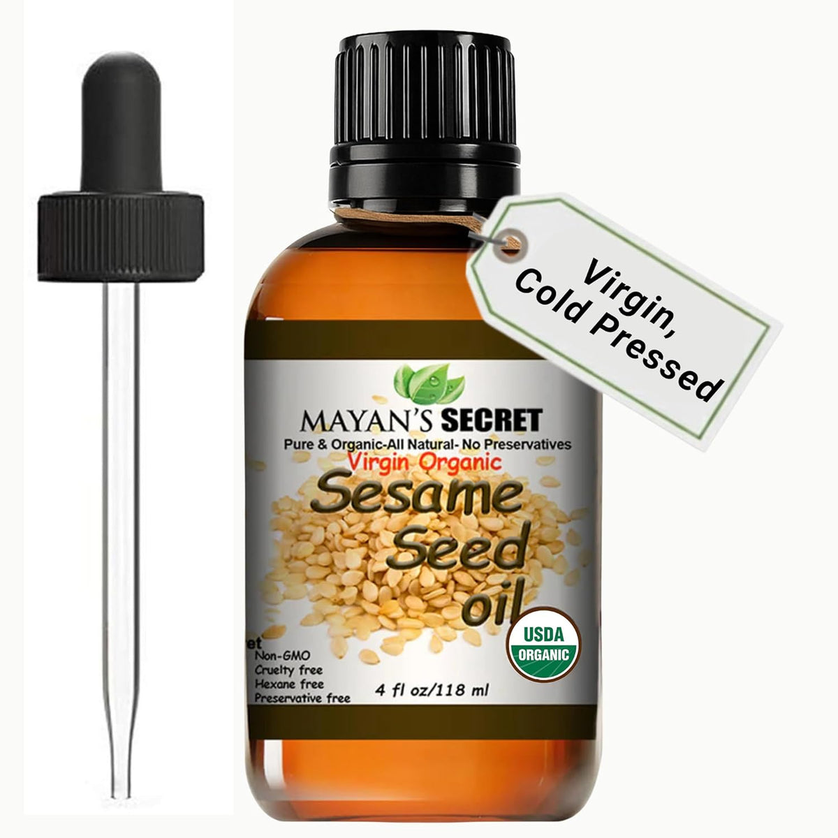 USDA Certified Virgin Organic Sesame Seed Oil Unrefined 100% Pure Natural for Skin, Body, Face, and Hair Growth Large 4oz Glass Bottle