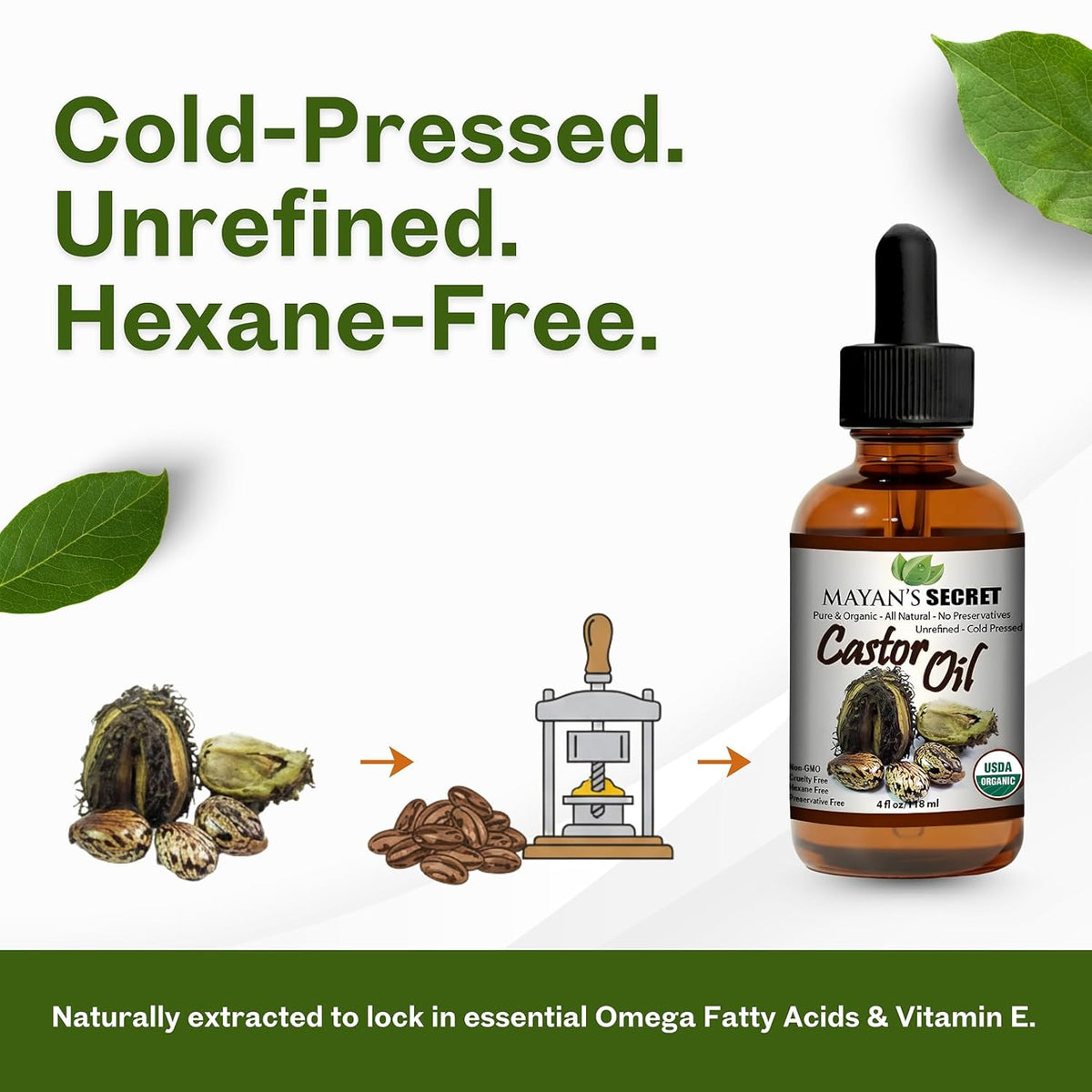 Organic Cold Pressed Castor Oil 4 oz USDA Organic Pure Hexane Free Unrefined Hair Growth Eyelashes Eyebrows Skin Moisturizer Glass Dropper Bottle