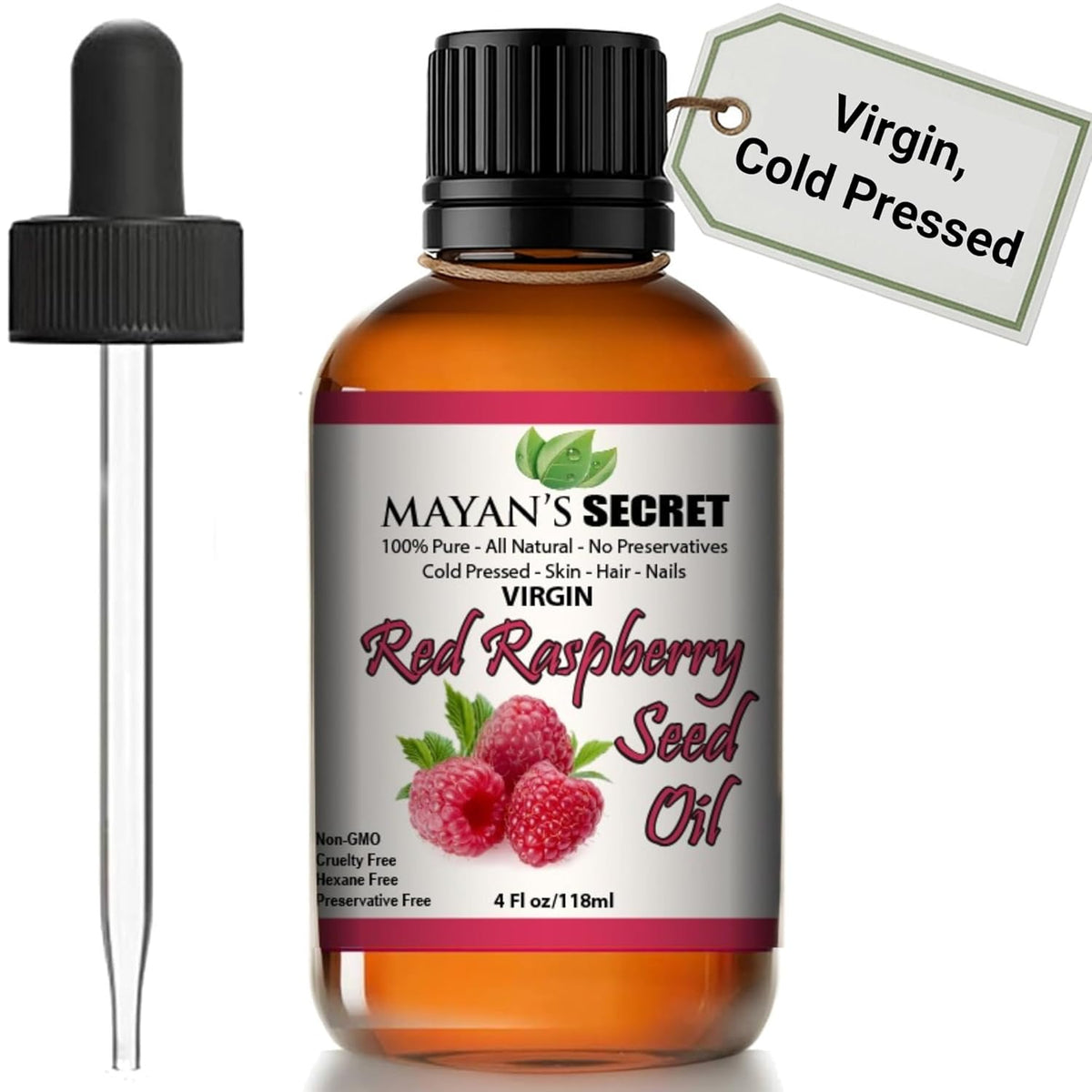 Mayan's Secret Red Raspberry Seed Oil Cold Pressed Unrefined (Virgin) Undiluted 100% Natural for face, hands,scars and breakouts (1 fl oz) (Red Raspberry Seed Oil, 4 fl oz)