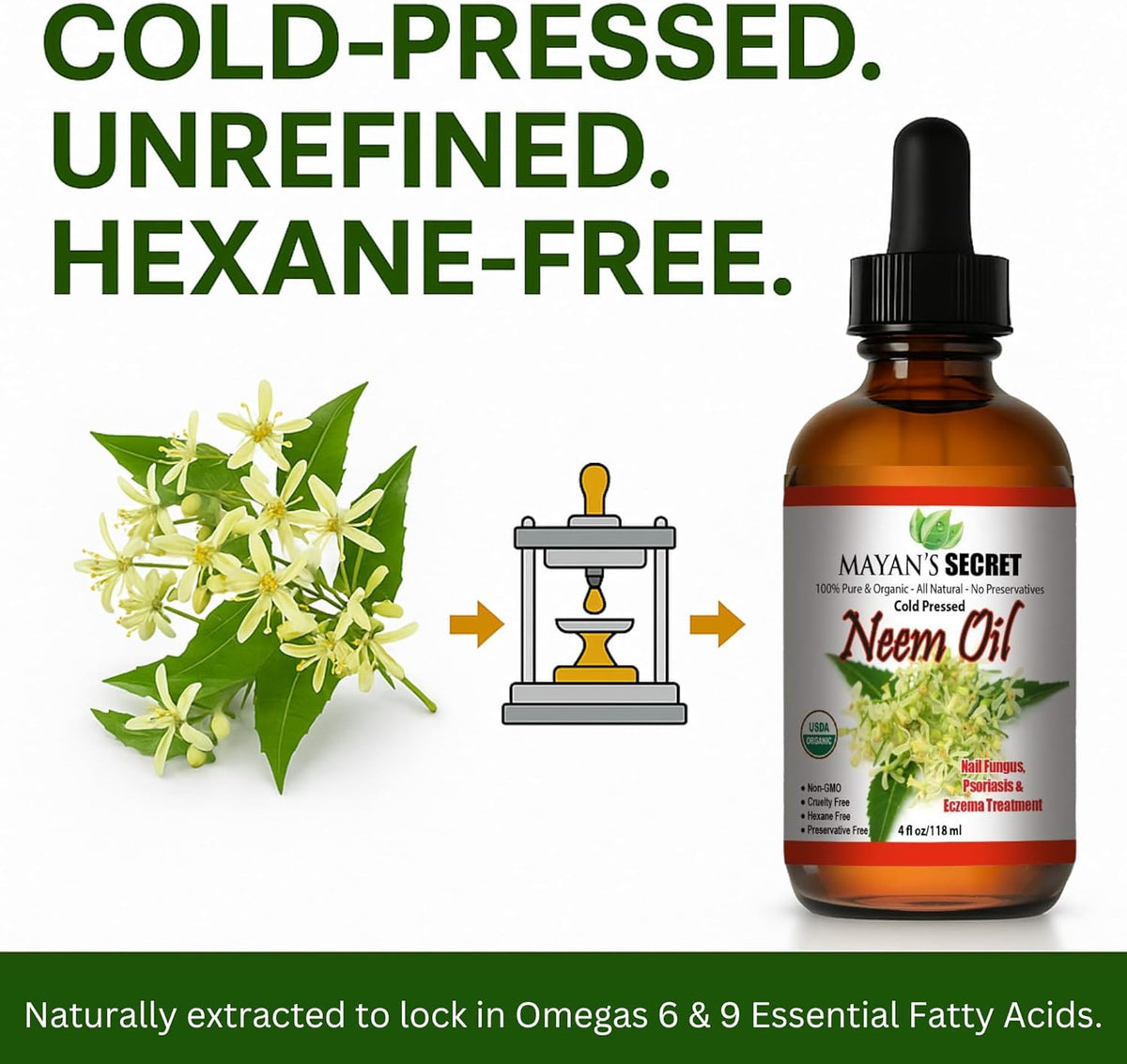 Organic Neem Oil Cold Pressed Unrefined USDA Certified Pure Neem Oil for Skin Hair Scalp Natural Moisturizer Nail Care Face Body Treatment 4 oz