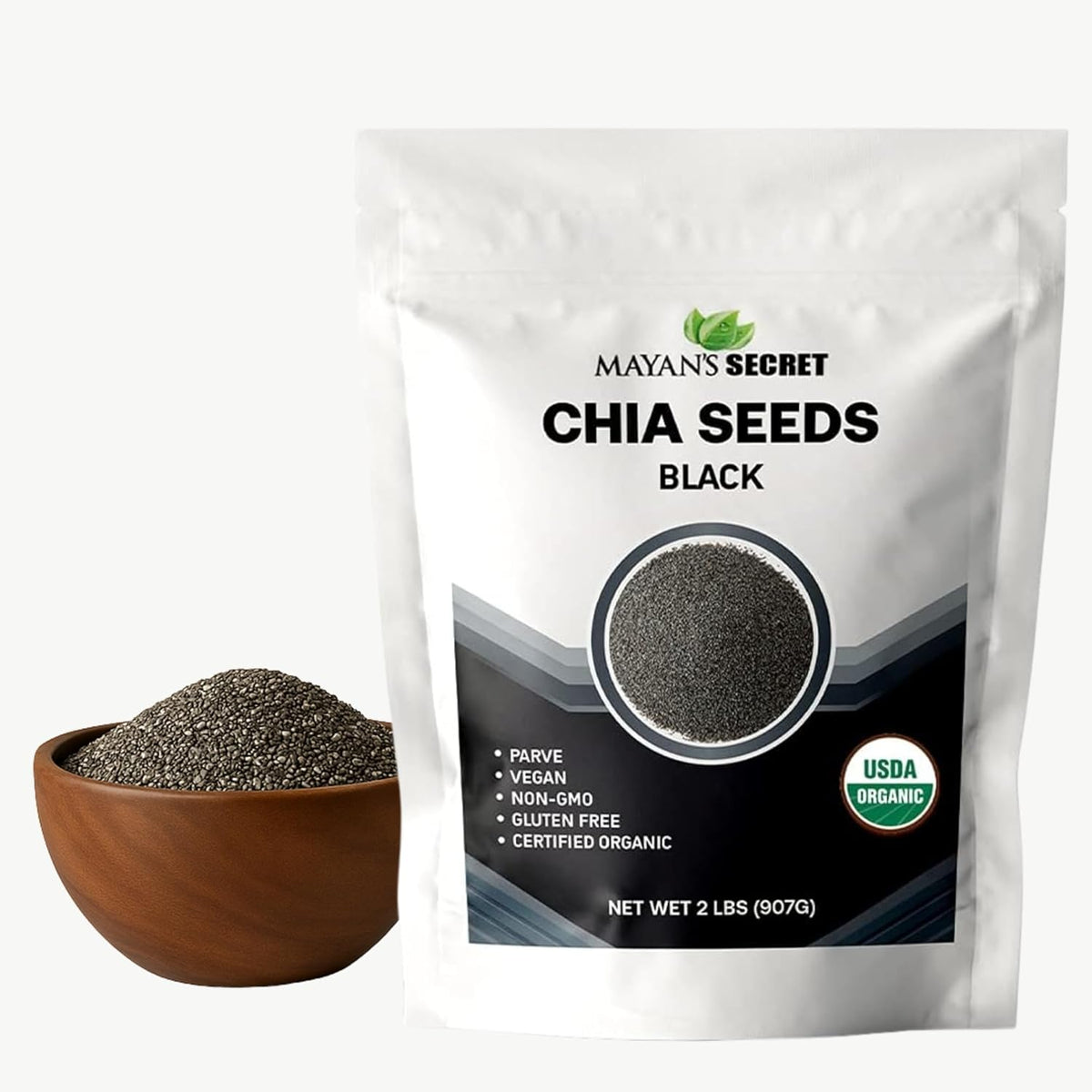 Mayan's Secret - Organic Chia Seeds Black – USDA Certified, Non-GMO, Vegan, Gluten-Free Superfood - Omega-3 (2 lbs) (907g)