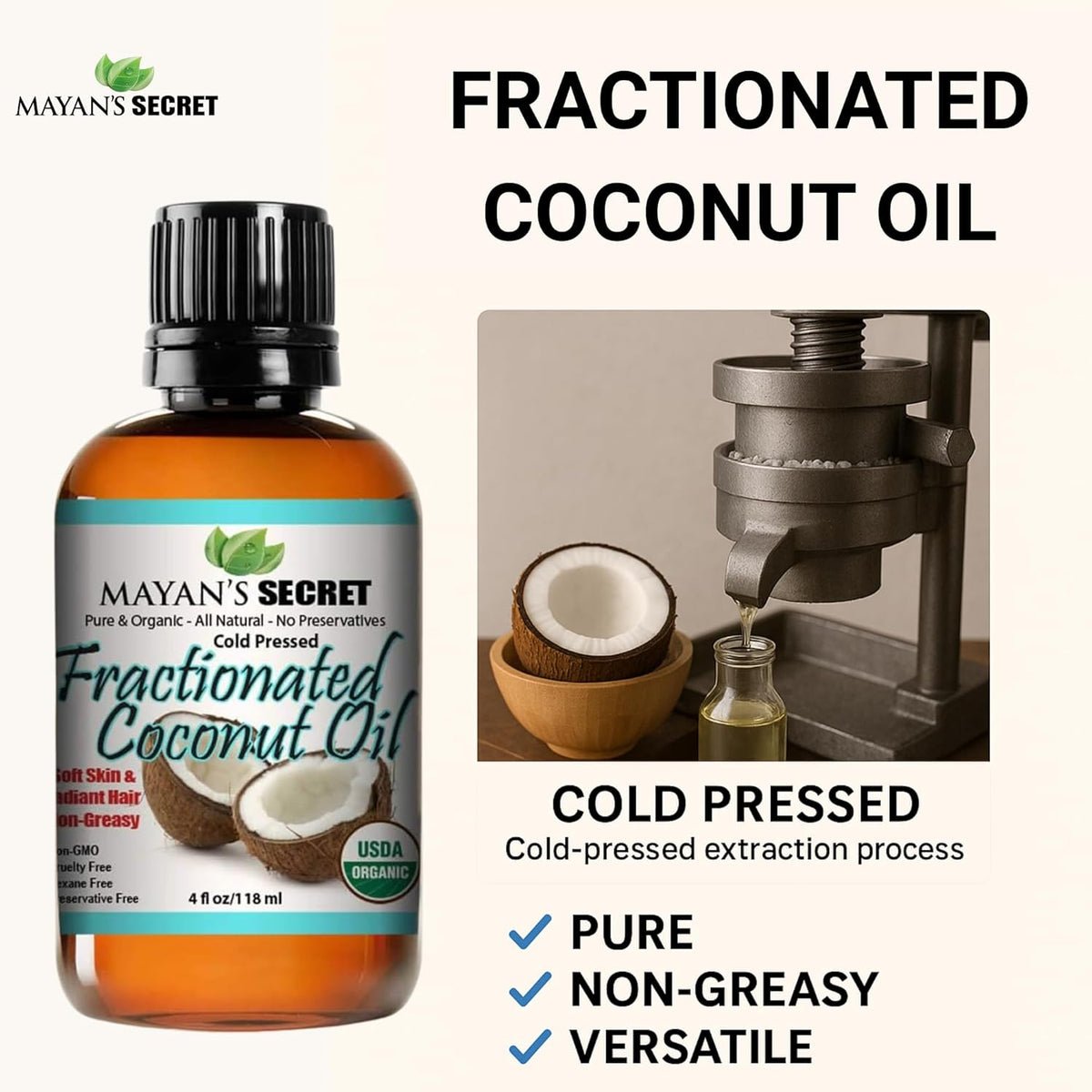 Mayan’s Secret Fractionated Coconut Oil USDA Organic Cold Pressed Pure Lightweight Carrier Oil for Skin Hair Face Body Massage Non Greasy 4 oz